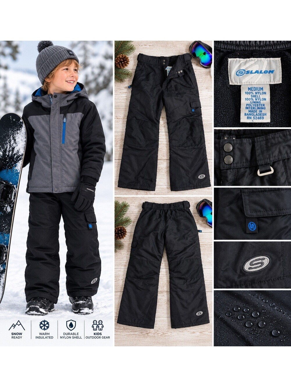 Slalom Kids Snow Pants Size Medium Black Insulated Ski Snowboard Winter Cargo